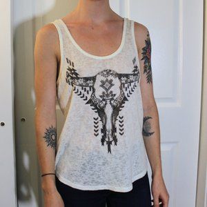 White Tank Top with Cow Skull Design